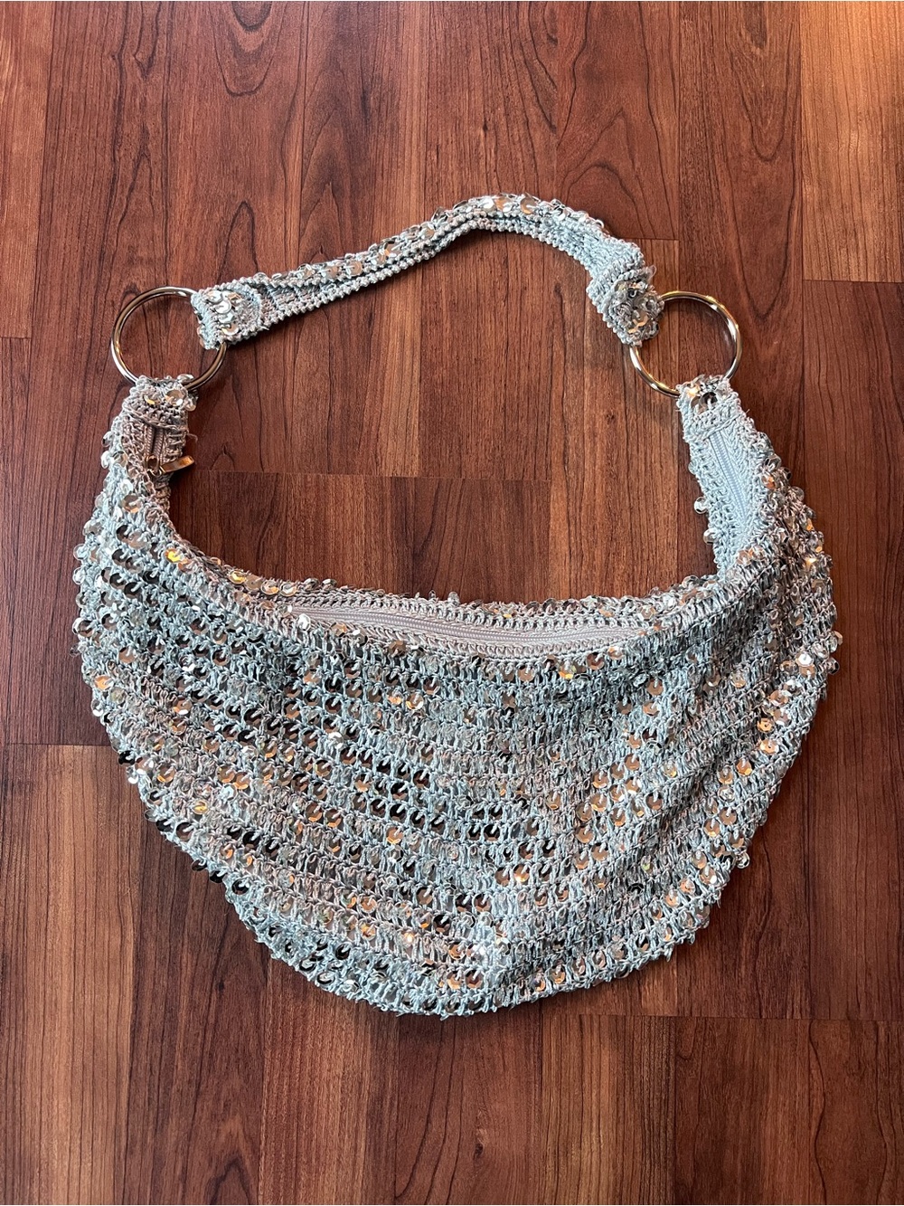 Y2K Bisou Bisou Sequin Crochet Hobo Bag Silver Metallic Ring Purse